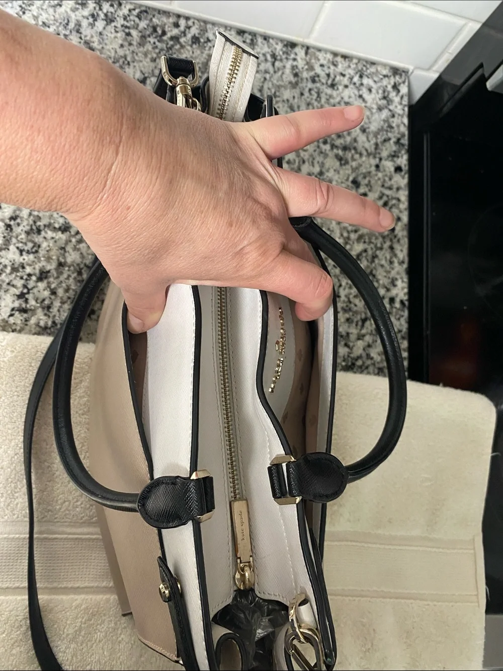 kate spade Two-Tone Beige, White & Black Leather Satchel